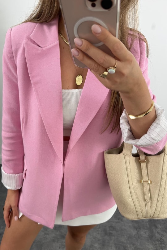 Premium Seri Çizgili Astar Organik Kumaş Keten Blazer Ceket Naturel Pembe