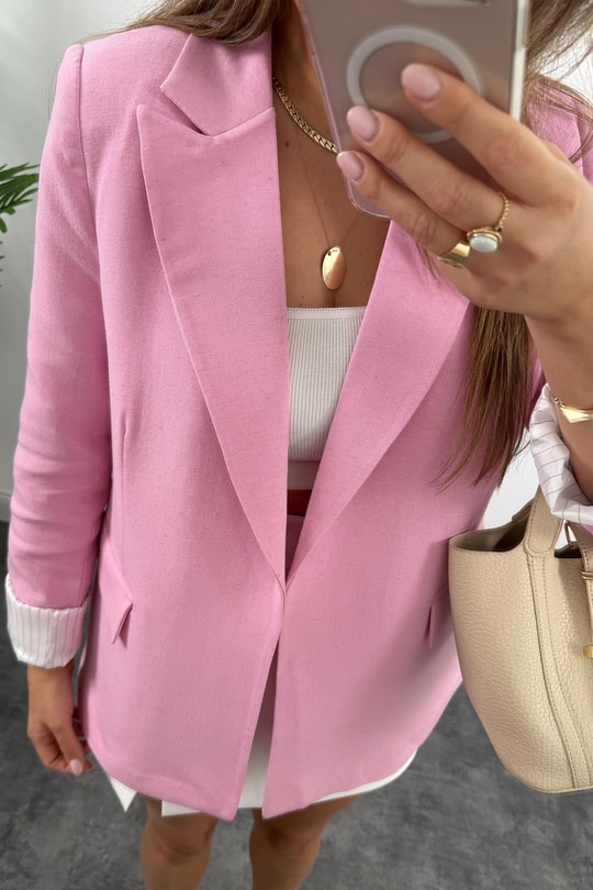 Premium Seri Çizgili Astar Organik Kumaş Keten Blazer Ceket Naturel Pembe