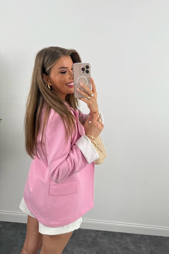 Premium Seri Çizgili Astar Organik Kumaş Keten Blazer Ceket Naturel Pembe