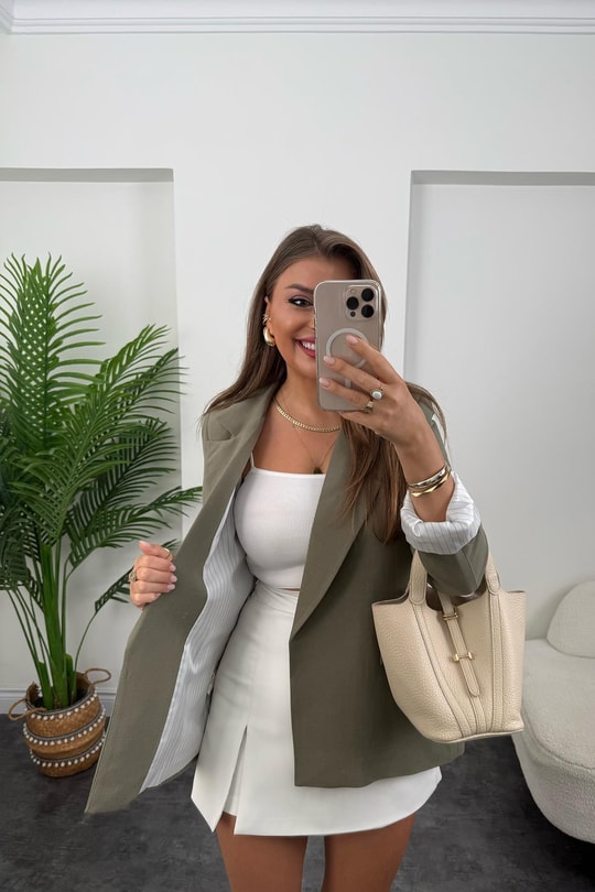 Premium Seri Çizgili Astar Organik Kumaş Keten Blazer Ceket Haki