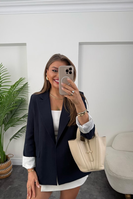 Premium Seri Çizgili Astar Organik Kumaş Keten Blazer Ceket Lacivert
