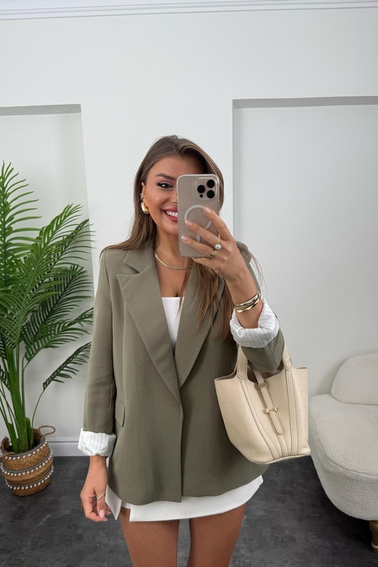 Premium Seri Çizgili Astar Organik Kumaş Keten Blazer Ceket Haki