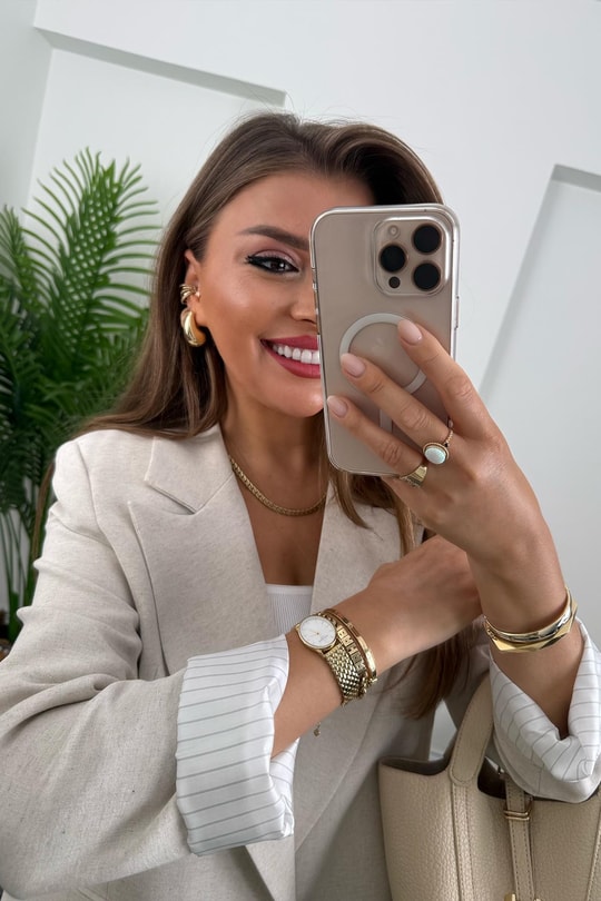 Premium Seri Çizgili Astar Organik Kumaş Keten Blazer Ceket Naturel Taş