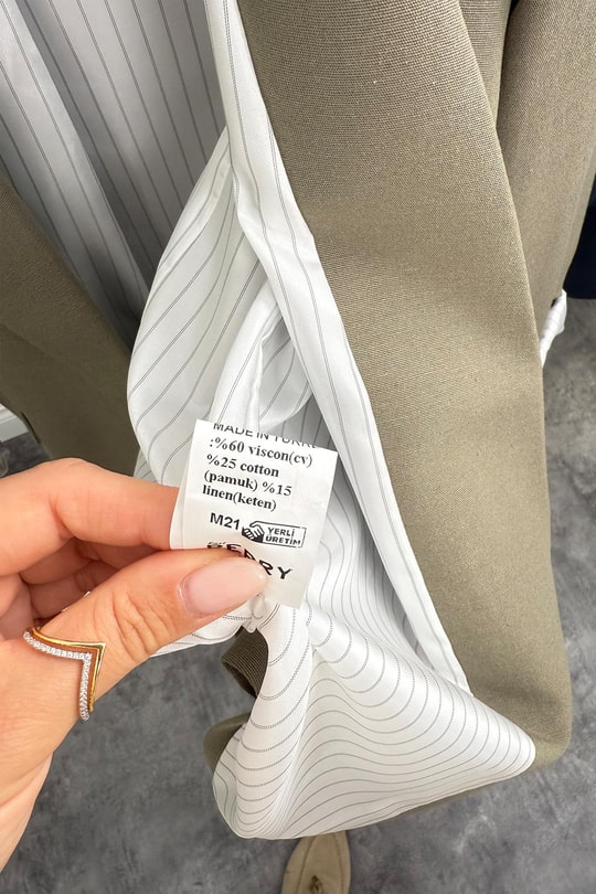 Premium Seri Çizgili Astar Organik Kumaş Keten Blazer Ceket Haki