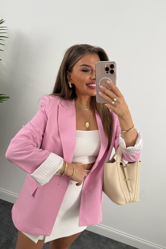 Premium Seri Çizgili Astar Organik Kumaş Keten Blazer Ceket Naturel Pembe
