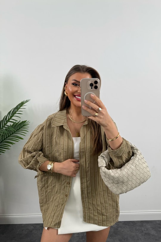 Premium Seri Çizgili Tensel Salaş Gömlek Olive