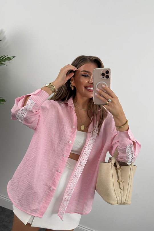 Premium Seri Dantel Detaylı Pembe Çizgili Tensel Gömlek
