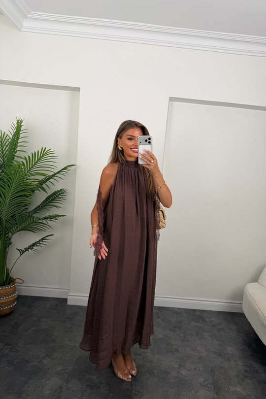 Premium Seri Dantelli Tensel Maxi Salaş Elbise Kahve