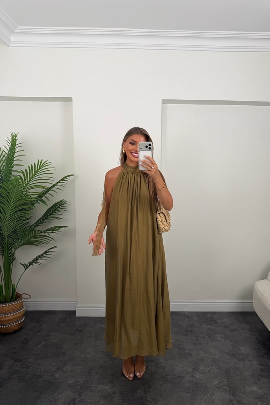 Premium Seri Dantelli Tensel Maxi Salaş Elbise Olive