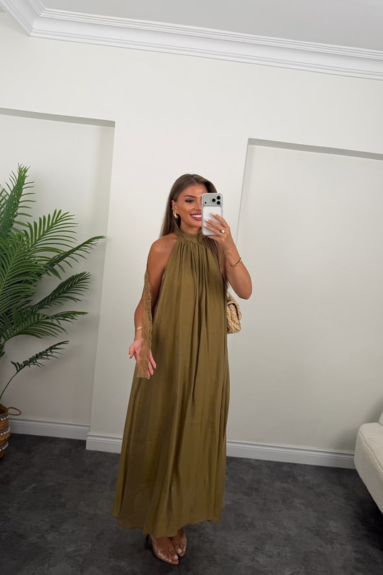 Premium Seri Dantelli Tensel Maxi Salaş Elbise Olive