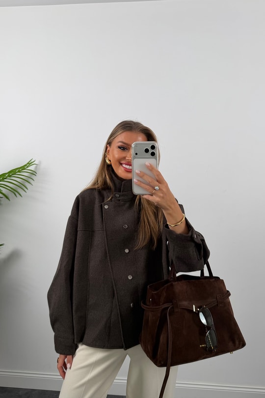 Premium Seri Dik Yaka Çıtçıtlı Kaşe Ceket Koyu Kahve