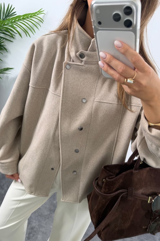 Premium Seri Dik Yaka Çıtçıtlı Kaşe Ceket Bej