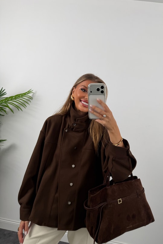 Premium Seri Dik Yaka Çıtçıtlı Kaşe Ceket Acı Kahve
