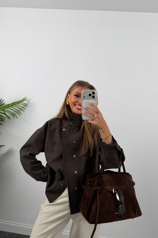Premium Seri Dik Yaka Çıtçıtlı Kaşe Ceket Koyu Kahve
