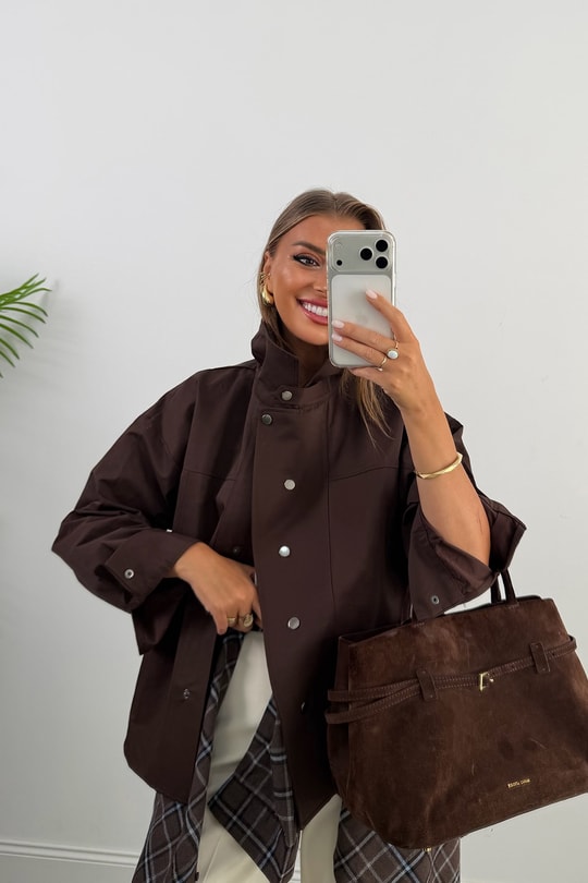 Premium Seri Dik Yaka Çıtçıtlı Tensel Trençkot Acı Kahve