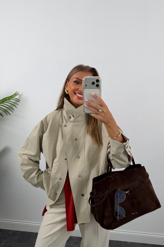 Premium Seri Dik Yaka Çıtçıtlı Tensel Trençkot Taş