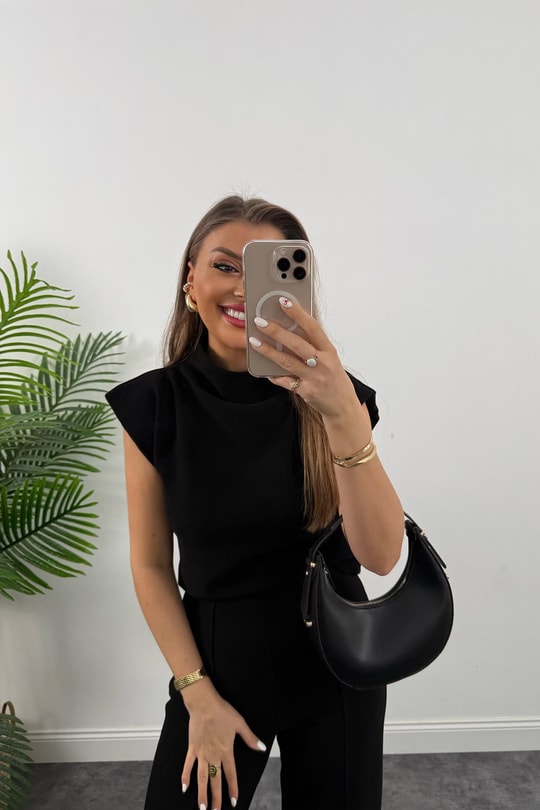 Premium Seri Dik Yaka Likralı Çelik Selanik Takım Siyah