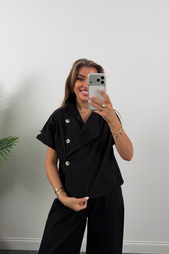 Premium Seri Dik Yaka Yelek Pantolon Harem Takım Siyah