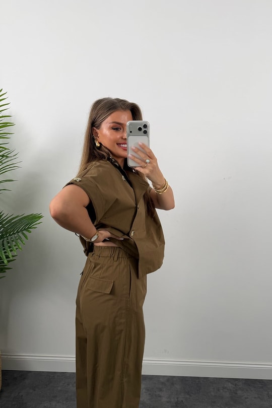 Premium Seri Dik Yaka Yelek Pantolon Harem Takım Bakır Kahve