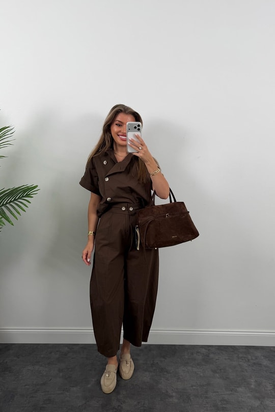 Premium Seri Dik Yaka Yelek Pantolon Harem Takım Acı Kahve