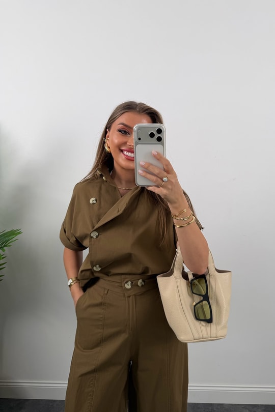 Premium Seri Dik Yaka Yelek Pantolon Harem Takım Bakır Kahve