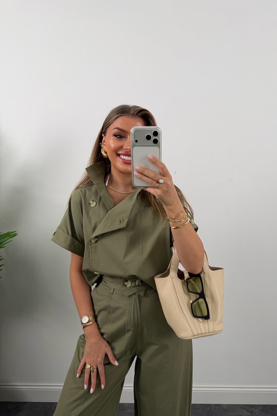 Premium Seri Dik Yaka Yelek Pantolon Harem Takım Haki