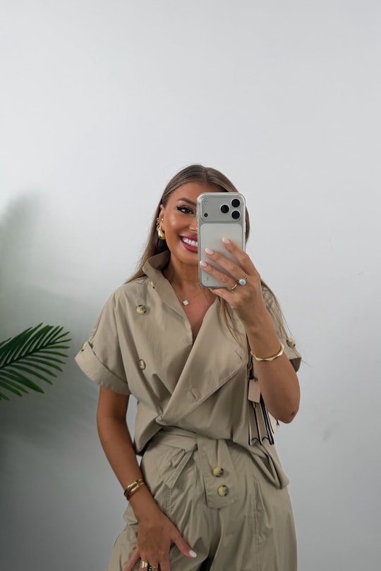 Premium Seri Dik Yaka Yelek Pantolon Harem Takım Bej