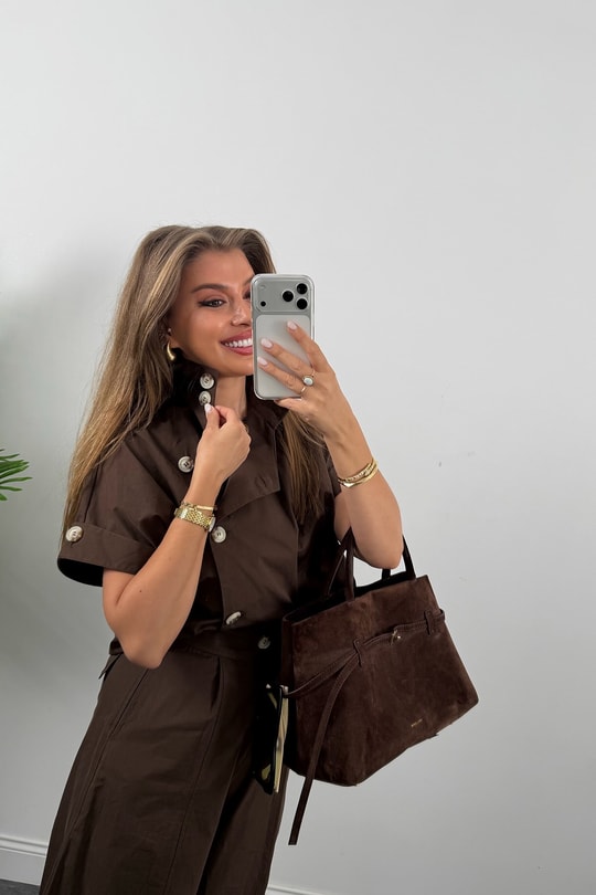Premium Seri Dik Yaka Yelek Pantolon Harem Takım Acı Kahve