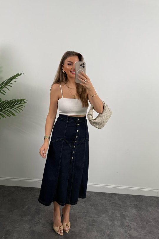 Premium Seri Dikiş Detaylı Midi Boy Jean Etek
