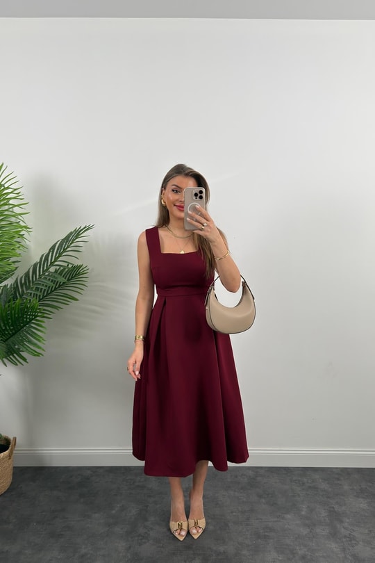 Premium Seri Double Atlas Kumaş Midi Boy Kloş Elbise Bordo
