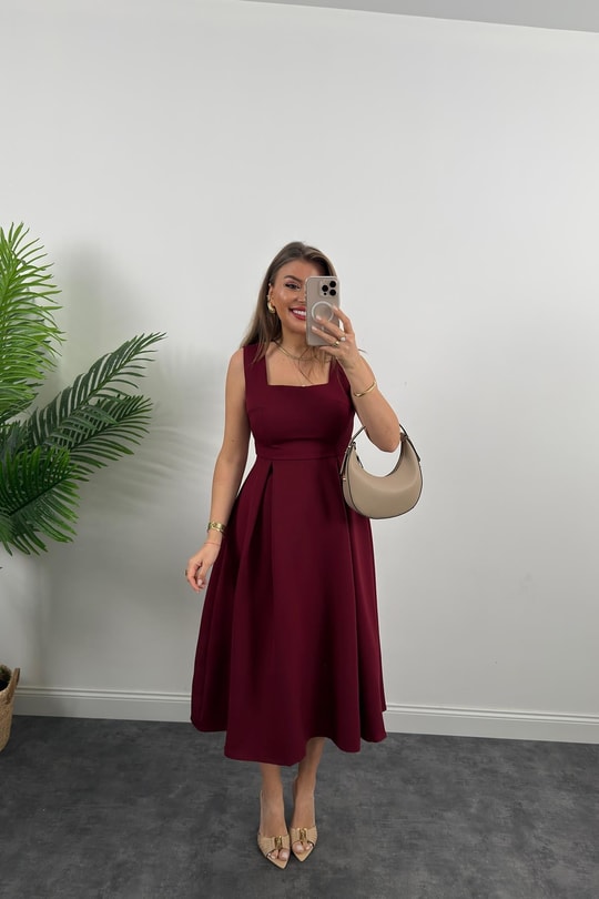 Premium Seri Double Atlas Kumaş Midi Boy Kloş Elbise Bordo