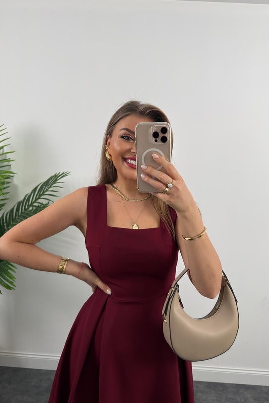 Premium Seri Double Atlas Kumaş Midi Boy Kloş Elbise Bordo