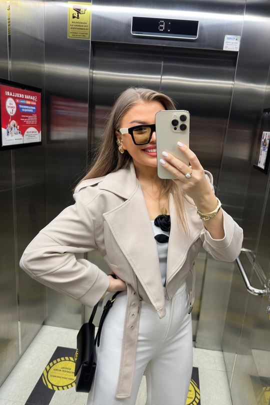 Premium Seri Double Krep Biker Ceket Taş