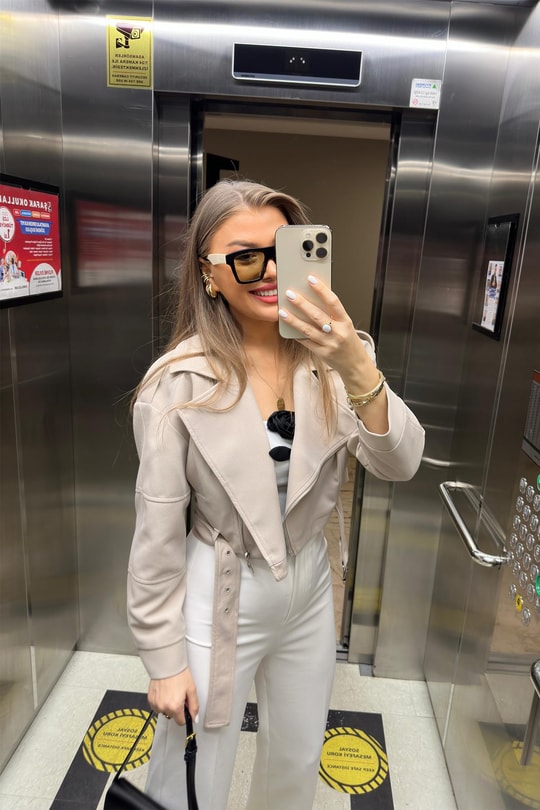 Premium Seri Double Krep Biker Ceket Taş