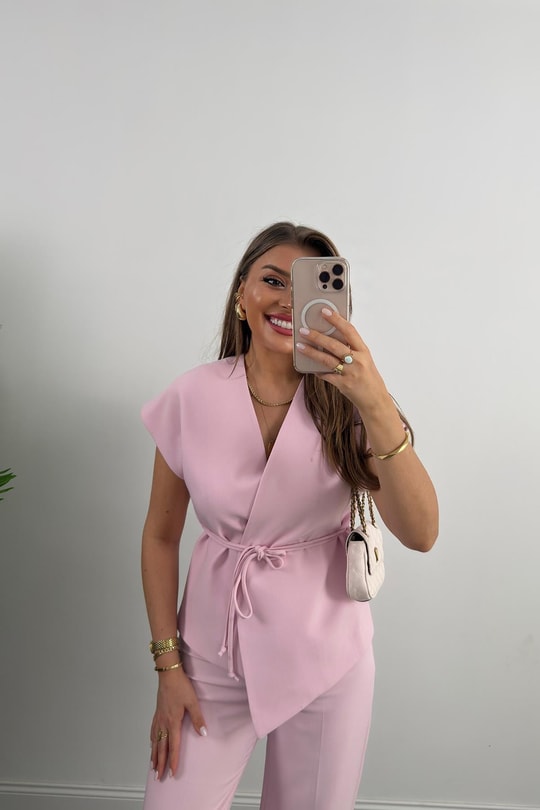 Premium Seri Double Kumaş Bağlamalı Asimetrik Yelek Pastel Pembe