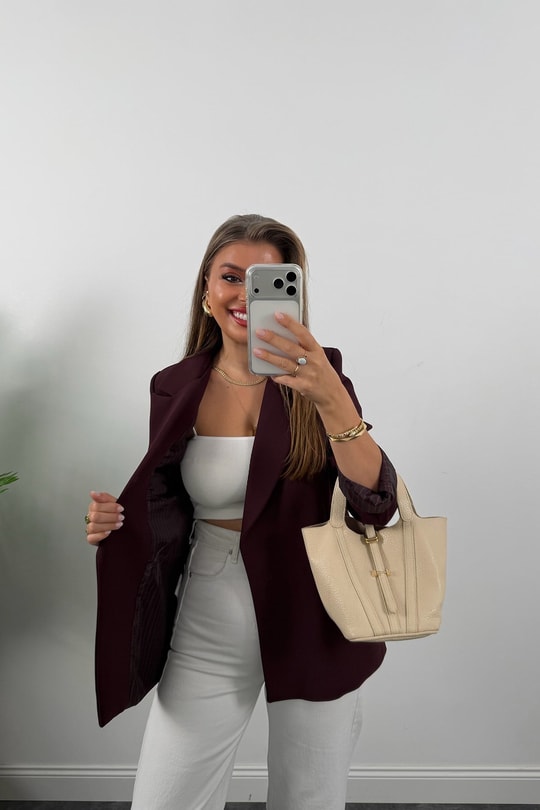 Premium Seri Double Kumaş Çizgili Tona Tona Astar Blazer Mürdüm