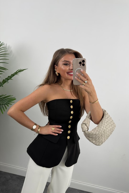 Premium Seri Double Kumaş Gold Düğme Straplez Yelek Siyah