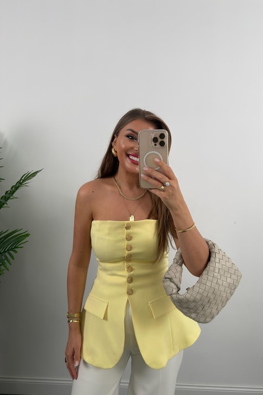 Premium Seri Double Kumaş Gold Düğme Straplez Yelek Sarı
