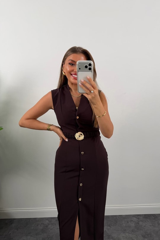 Premium Seri Double Kumaş Gold Kemerli Kalem Elbise Acı Kahve