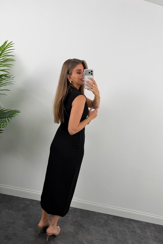 Premium Seri Double Kumaş Gold Kemerli Kalem Elbise Siyah