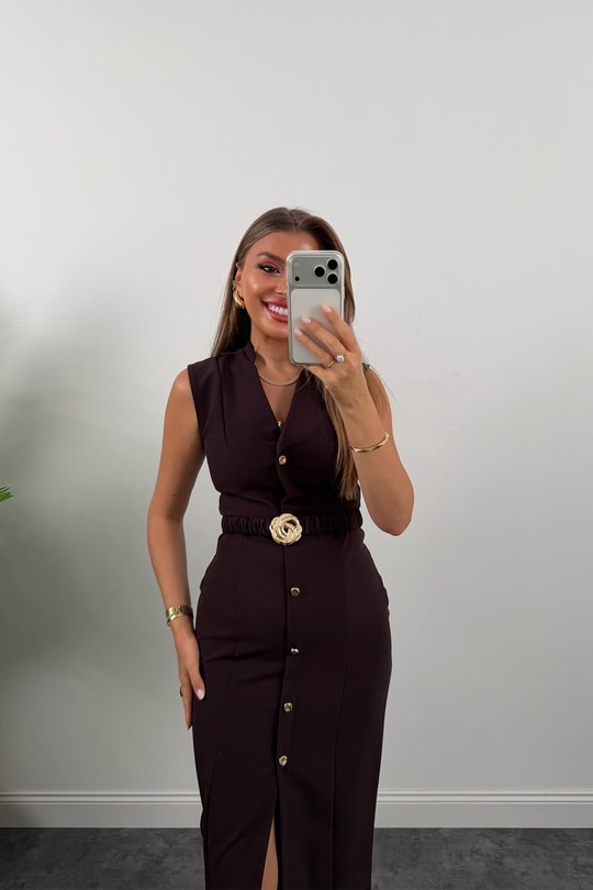 Premium Seri Double Kumaş Gold Kemerli Kalem Elbise Acı Kahve