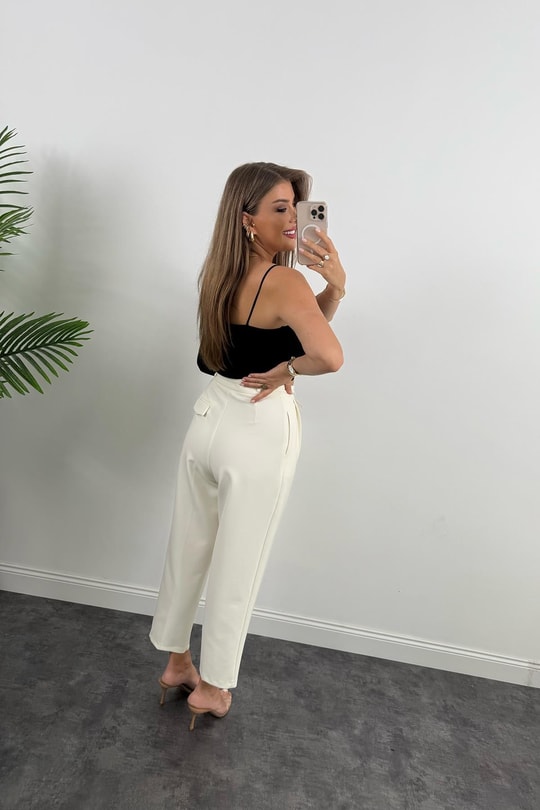 Premium Seri Double Kumaş Peli İpli Harem Kumaş Pantolon Ekru
