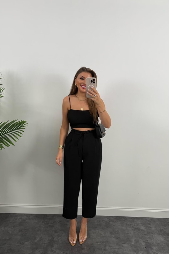 Premium Seri Double Kumaş Peli İpli Harem Kumaş Pantolon Siyah