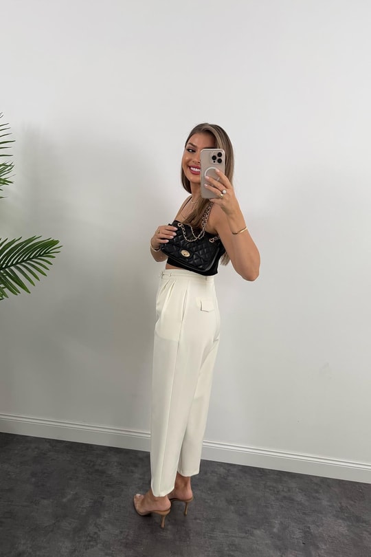 Premium Seri Double Kumaş Peli İpli Harem Kumaş Pantolon Ekru
