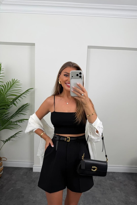 Premium Seri Double Kumaş Şehir Boy Klasik Kumaş Şort Siyah 
