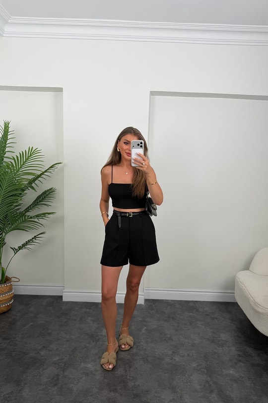 Premium Seri Double Kumaş Şehir Boy Klasik Kumaş Şort Siyah 