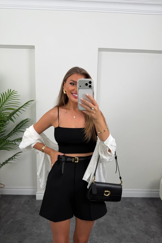 Premium Seri Double Kumaş Şehir Boy Klasik Kumaş Şort Siyah 