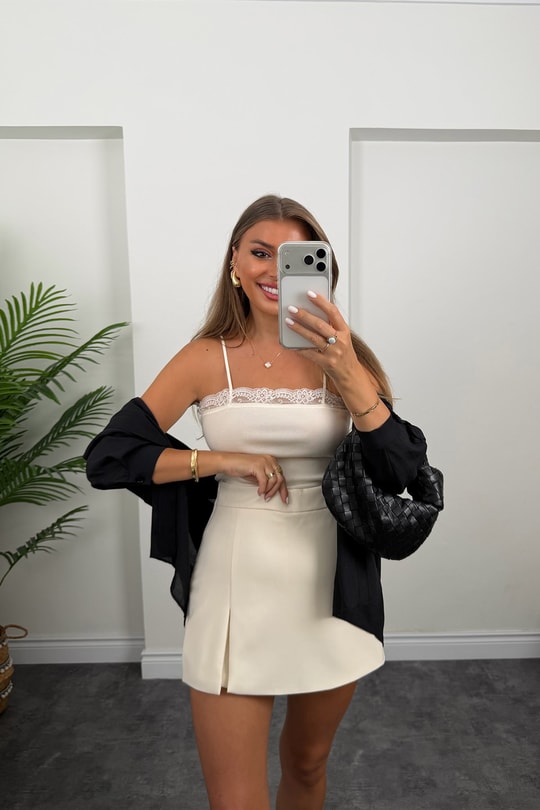 Premium Seri Double Kumaş Şort Etek Ekru 