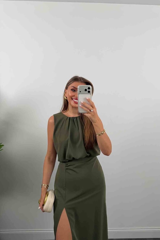 Premium Seri Drapeli Dökümlü Yırtmaçlı Kalem Elbise Haki
