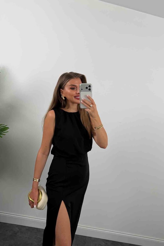 Premium Seri Drapeli Dökümlü Yırtmaçlı Kalem Elbise Siyah